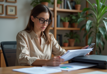 Femme scannant des documents colorés dans un bureau professionnel