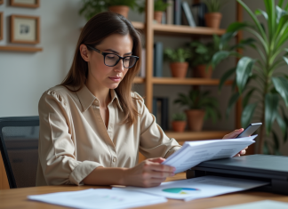 Femme scannant des documents colorés dans un bureau professionnel