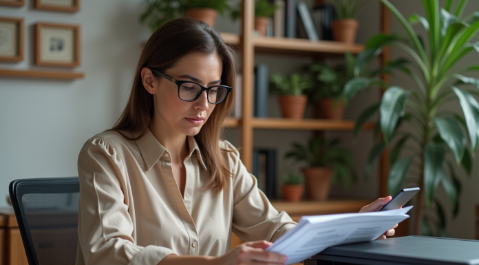 Femme scannant des documents colorés dans un bureau professionnel