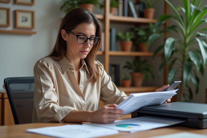 Femme scannant des documents colorés dans un bureau professionnel