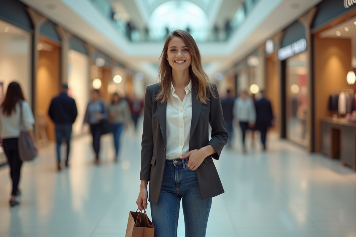 Jeune femme souriante tenant un sac de marque dans un centre commercial
