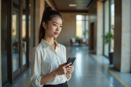 Jeune femme d'affaires tenant un smartphone devant un bâtiment