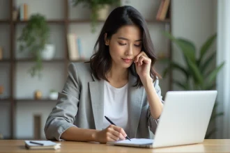 Femme en télétravail négociant un contrat en ligne sur son ordinateur portable dans un bureau à domicile minimaliste