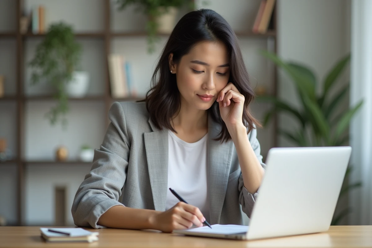 Femme en télétravail négociant un contrat en ligne sur son ordinateur portable dans un bureau à domicile minimaliste