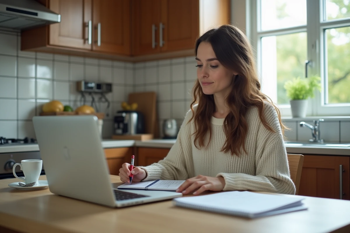 Jeune femme travaillant &agrave; la maison avec ordinateur et papier