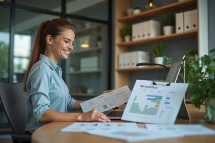 Femme souriante en bureau moderne avec ordinateur et documents