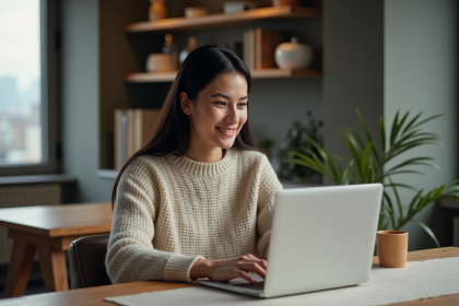 Jeune femme concentrée sur son ordinateur dans un appartement moderne