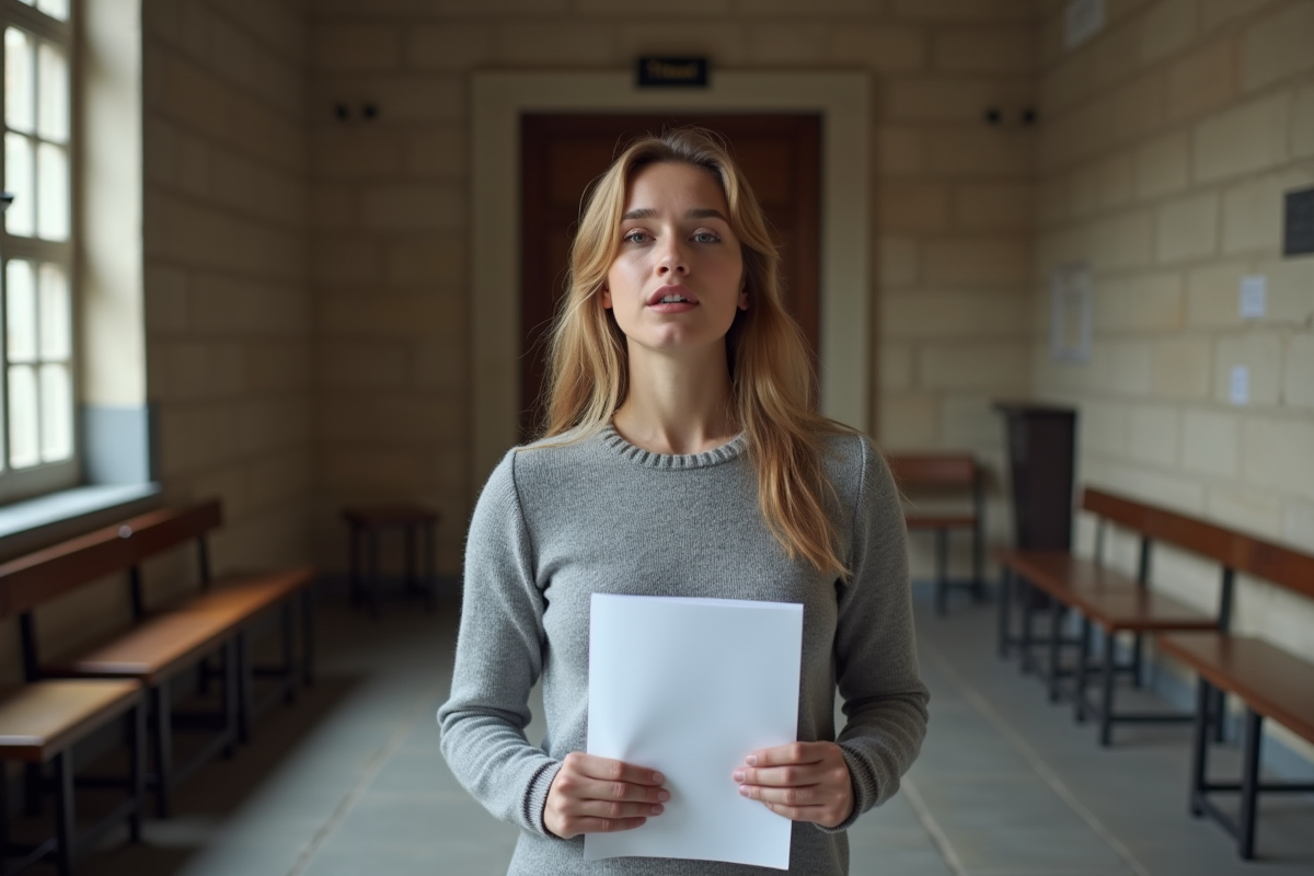 Femme française tenant documents dans un tribunal