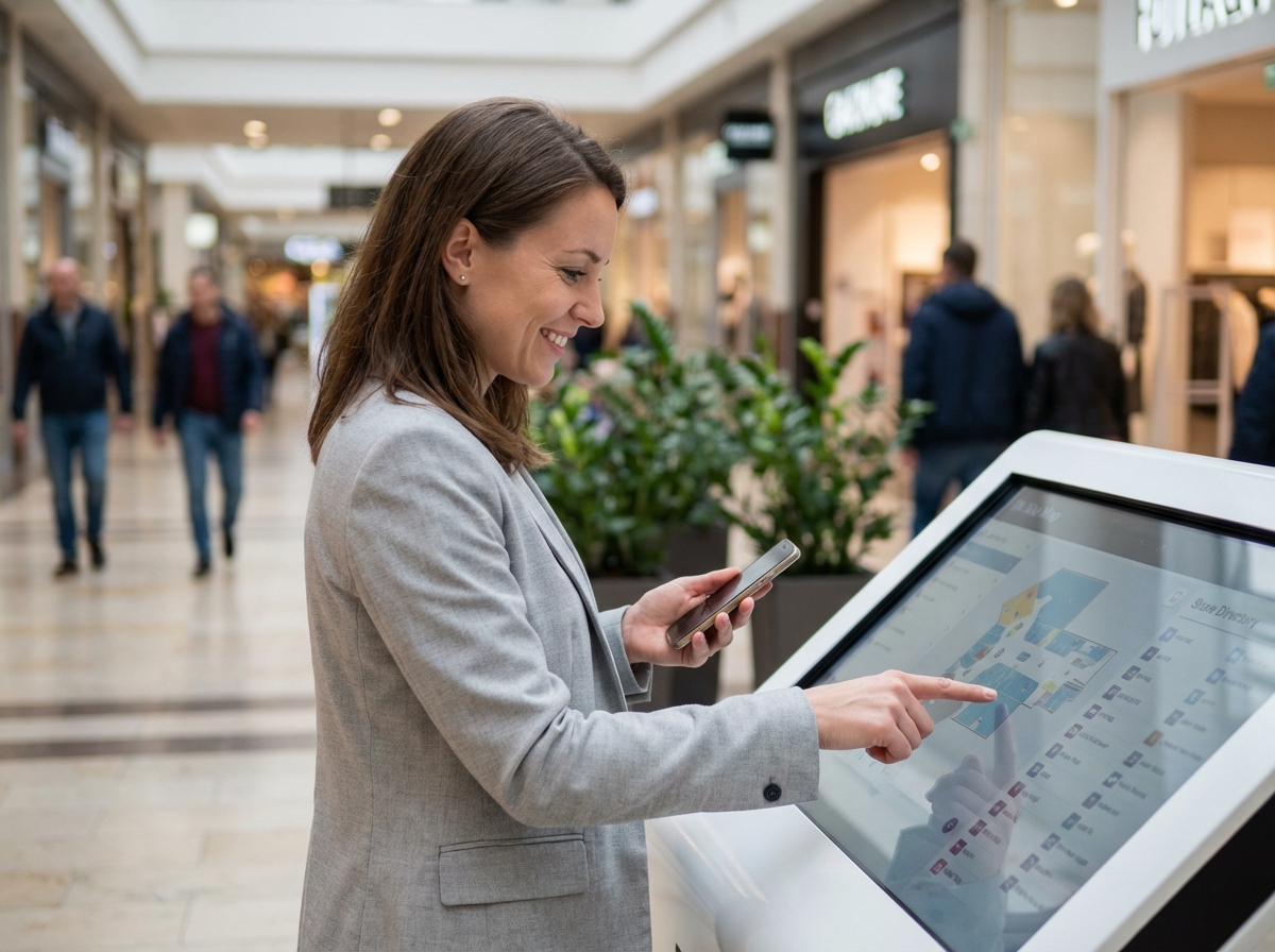 Jeune femme utilisant un kiosque numérique dans un centre commercial
