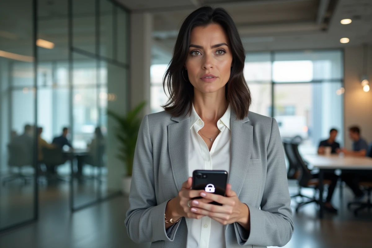 Femme professionnelle vérifiant l'authentification de son coffre-fort en ligne Arkevia sur smartphone dans un espace de coworking