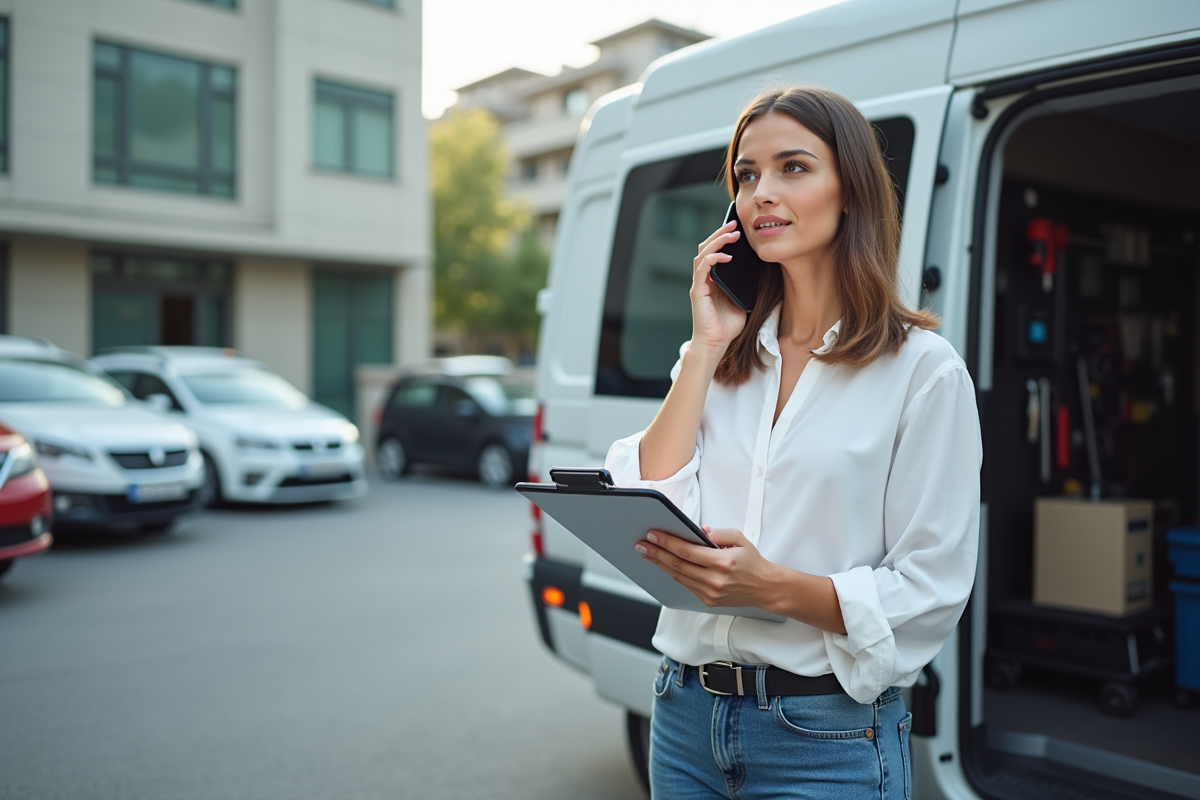 Jeune femme avec van en ville lors d