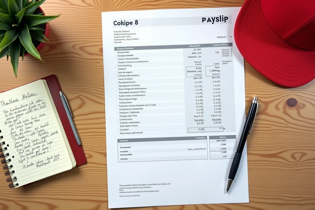 Vue aérienne d'une fiche de paie française sur une table en bois avec notes manuscrites sur le salaire net et la casquette d'employé fast food