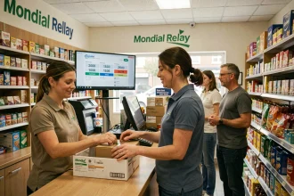 File de clients dans un point relais Mondial Relay le samedi, employée scannant un colis au comptoir d'une épicerie française