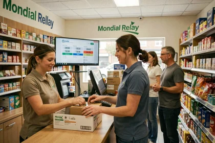 File de clients dans un point relais Mondial Relay le samedi, employée scannant un colis au comptoir d'une épicerie française