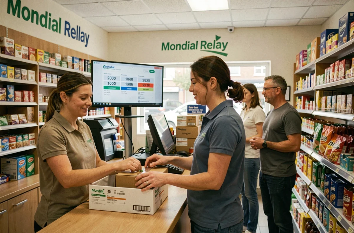File de clients dans un point relais Mondial Relay le samedi, employée scannant un colis au comptoir d'une épicerie française