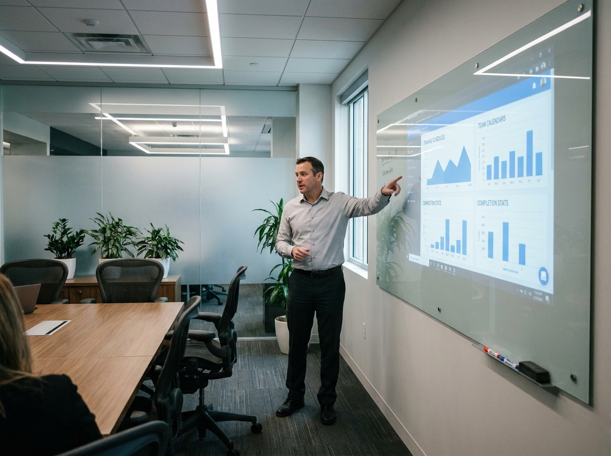 Un formateur présentant un tableau de bord de gestion de la formation lors d'une réunion en salle de conférence