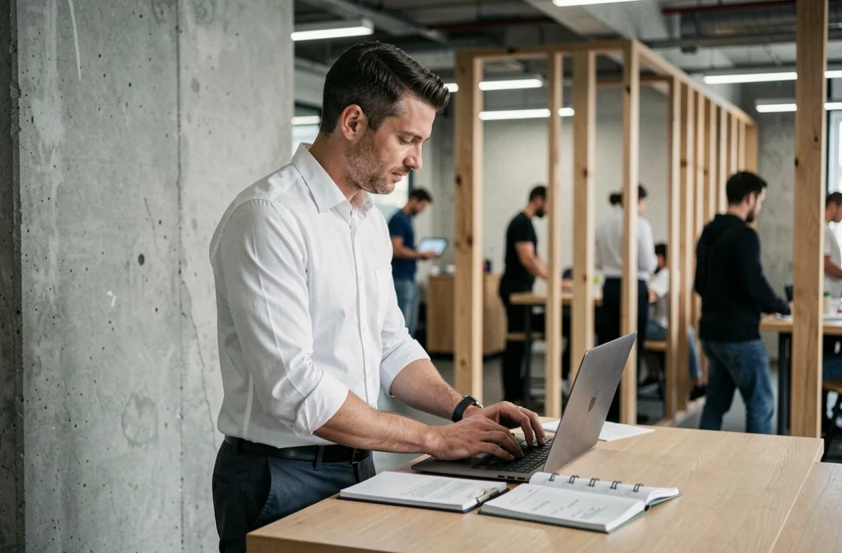 Freelance administratif organisant sa journée depuis un espace de coworking moderne
