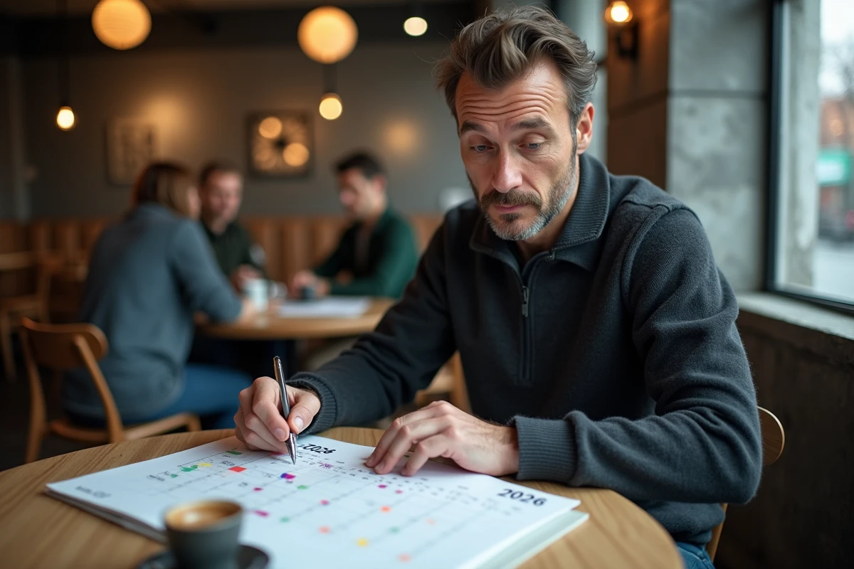 Travailleur indépendant annotant un calendrier annuel 2026 dans un café pour planifier ses jours ouvrés
