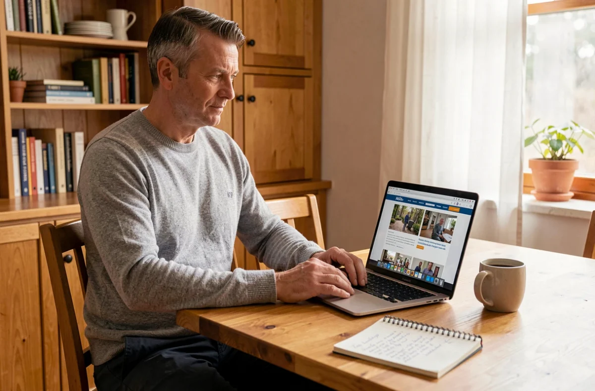 Freelance masculin évaluant des sociétés de portage salarial depuis son domicile avec un ordinateur portable