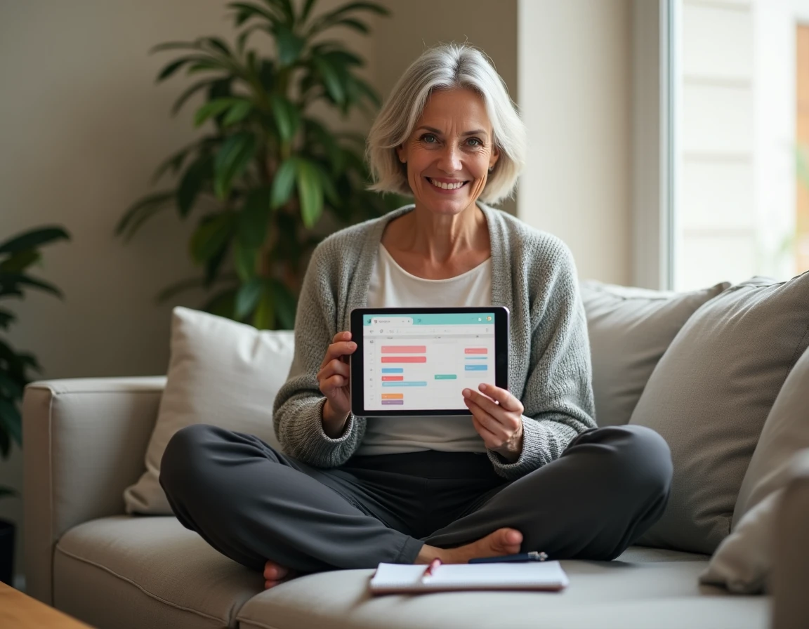 Freelance en administration gérant son planning quotidien sur tablette depuis son salon