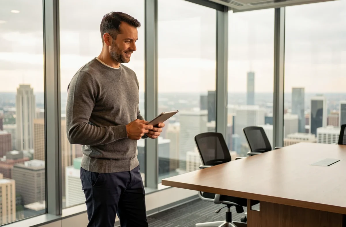 Freelance masculin en réunion d'affaires illustrant le statut de salarié porté en entreprise