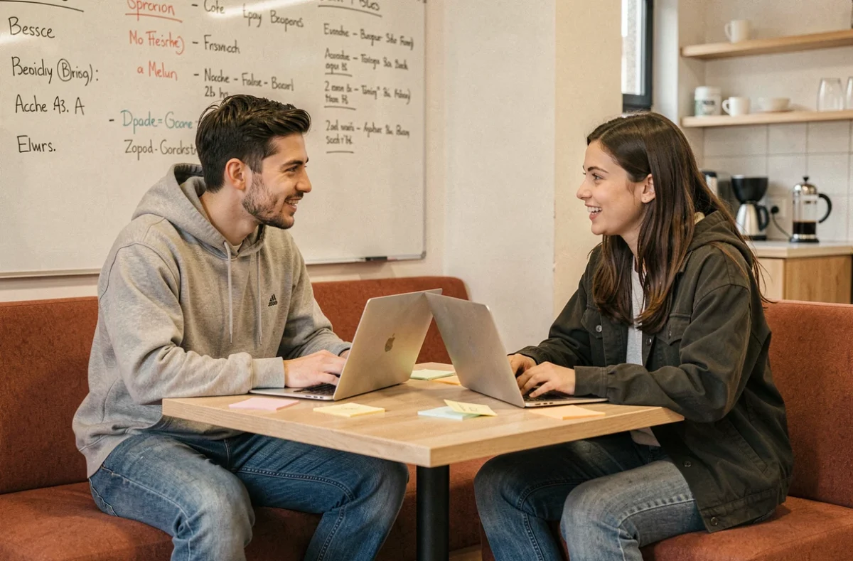 Deux freelances en discussion dans un espace lounge de coworking à Melun avec laptops et notes collaboratives