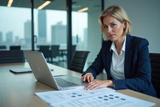 Femme cadre dirigeante gérant les numéros D-U-N-S de plusieurs filiales d'un groupe dans une salle de réunion moderne