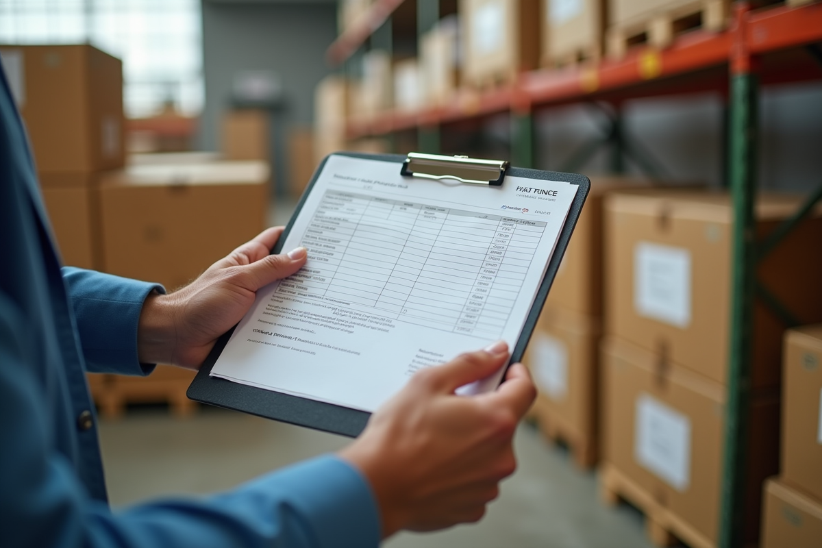 Main d un gestionnaire tenant un clipboard avec factures et colis dans un entrepôt