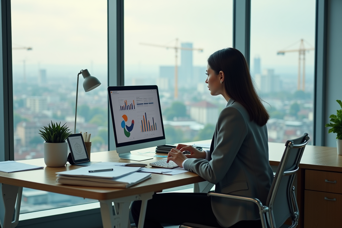 Gestionnaire d énergie analysant des graphiques dans un bureau urbain
