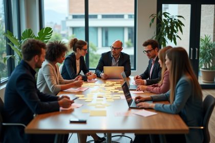 Groupe de professionnels en réunion collaborative en bureau