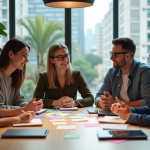 Idées startup innovantes : Trouvez l’inspiration pour votre projet en 2025 Groupe de jeunes adultes en brainstorming dans un espace coworking