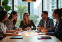 Groupe de jeunes adultes en brainstorming dans un espace coworking