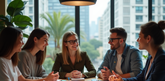 Groupe de jeunes adultes en brainstorming dans un espace coworking