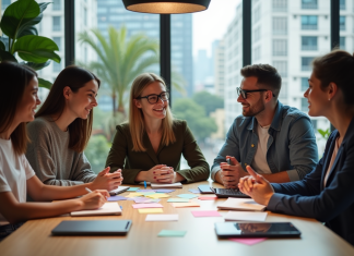 Idées startup innovantes : Trouvez l’inspiration pour votre projet en 2025 Groupe de jeunes adultes en brainstorming dans un espace coworking