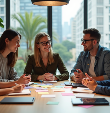 Groupe de jeunes adultes en brainstorming dans un espace coworking