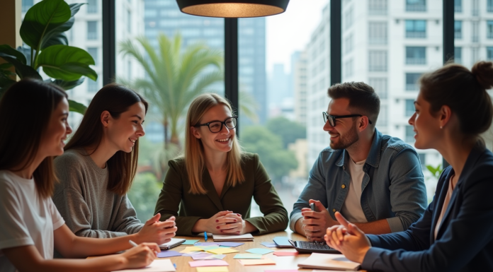 Idées startup innovantes : Trouvez l’inspiration pour votre projet en 2025 Groupe de jeunes adultes en brainstorming dans un espace coworking