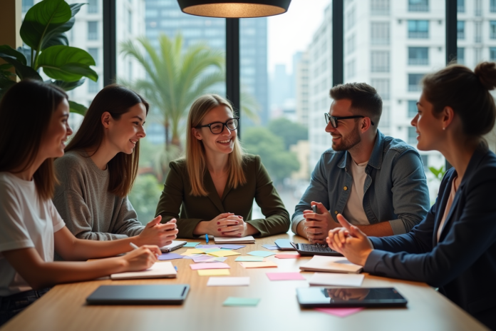 groupe-brainstorming-coworking Groupe de jeunes adultes en brainstorming dans un espace coworking