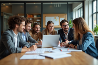 Groupe de professionnels dans un espace coworking moderne