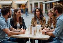 Groupe de personnes discutant autour d un café avec produits de marque