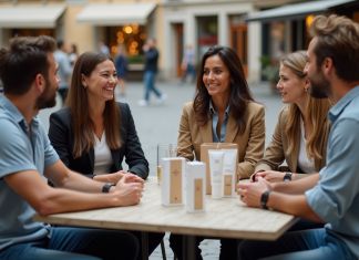 Marque la plus célèbre au monde : découvrez le choix des consommateurs ! Groupe de personnes discutant autour d un café avec produits de marque