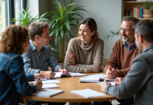 Groupe de personnes en discussion dans un centre communautaire