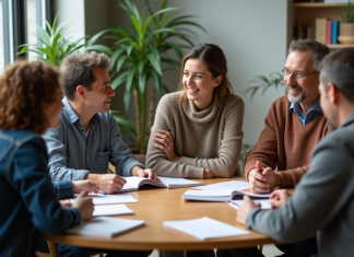 Sensibilisation : méthodes efficaces pour informer et mobiliser Groupe de personnes en discussion dans un centre communautaire