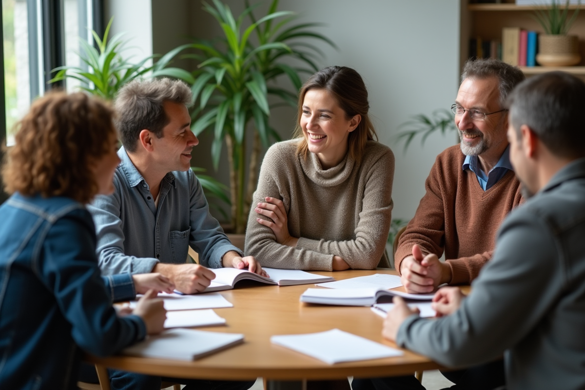 Groupe de personnes en discussion dans un centre communautaire