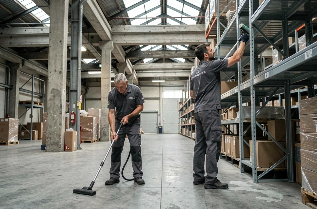 Deux agents Groupe Labrenne nettoyant un entrepôt industriel en Île-de-France