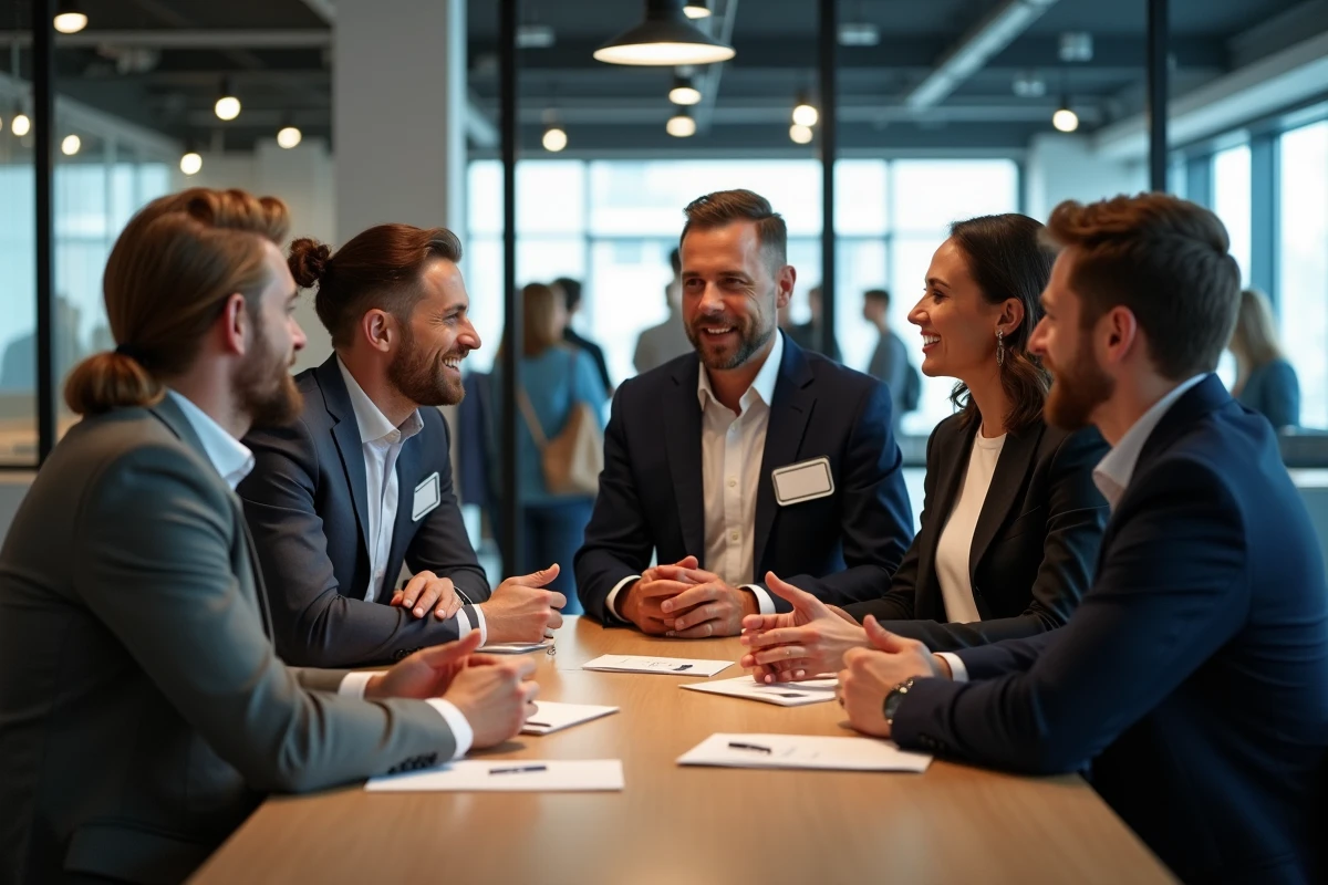 Groupe de professionnels lors d'un événement networking B2B en présentiel dans un espace de coworking moderne