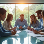 Groupe de professionnels brainstorming autour d'une table moderne