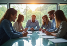 Groupe de professionnels brainstorming autour d'une table moderne