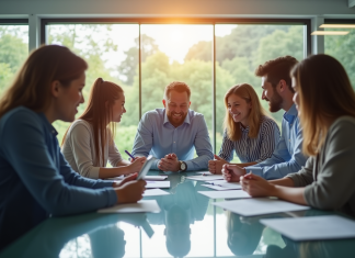 Groupe de professionnels brainstorming autour d'une table moderne