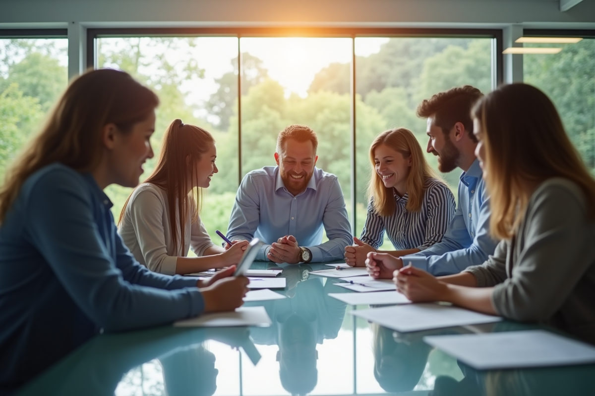 Groupe de professionnels brainstorming autour d'une table moderne