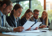 Groupe de professionnels divers collaborant dans un bureau lumineux